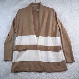 LOFT Womens Striped Open Front Cardigan Sweater Brown White Pocket Wool Blend XS